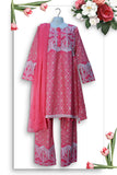 3 PCs Embroidered Cotton Pret Frock - Ruby Pink - 1101